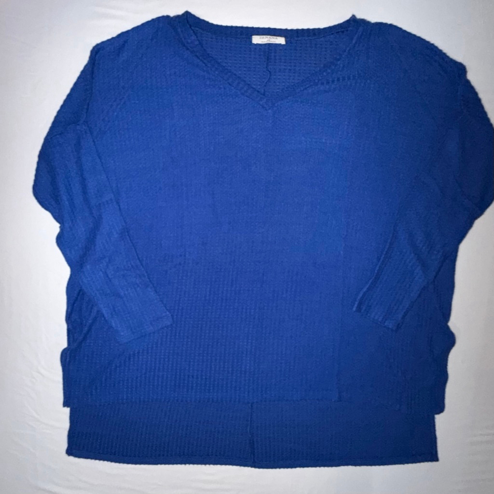Zenana Plus 1X Blue Waffle Knit Tunic 
Top V-Neck High Low Oversized Lagenlook - Picture 2 of 8